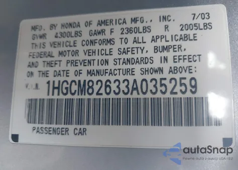 2003 Honda Accord 3.0 Ex z USA, uszkodzony, nr VIN 1HGCM82633A035259